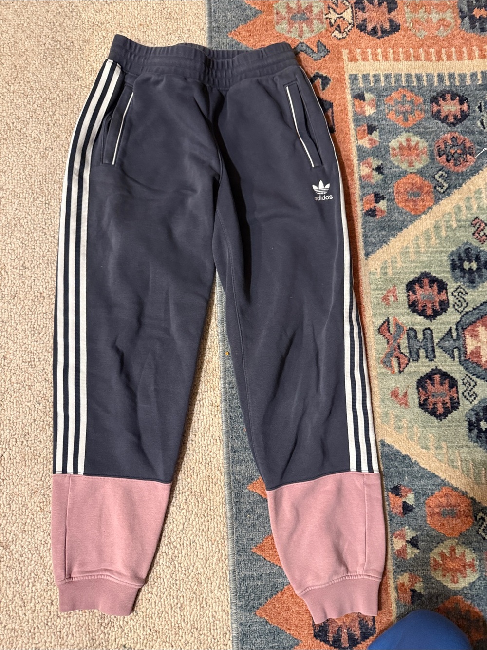 adidas Navy Sweatpants with Pink Cuff Accents and White 3-Stripes
